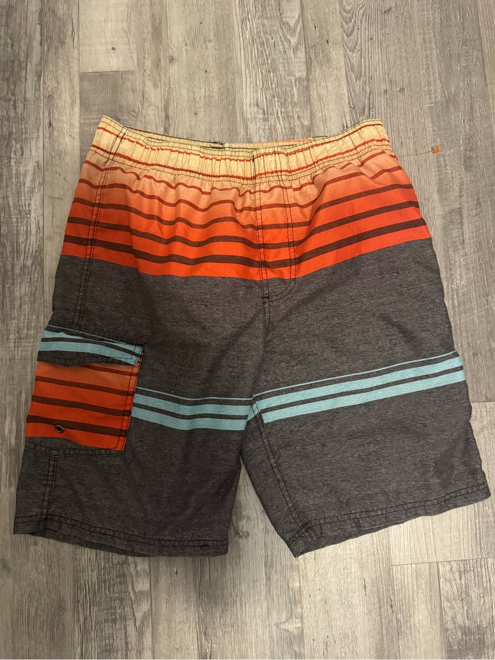 Men's Gray Swim Board Shorts with Orange & Light Blue Stripes